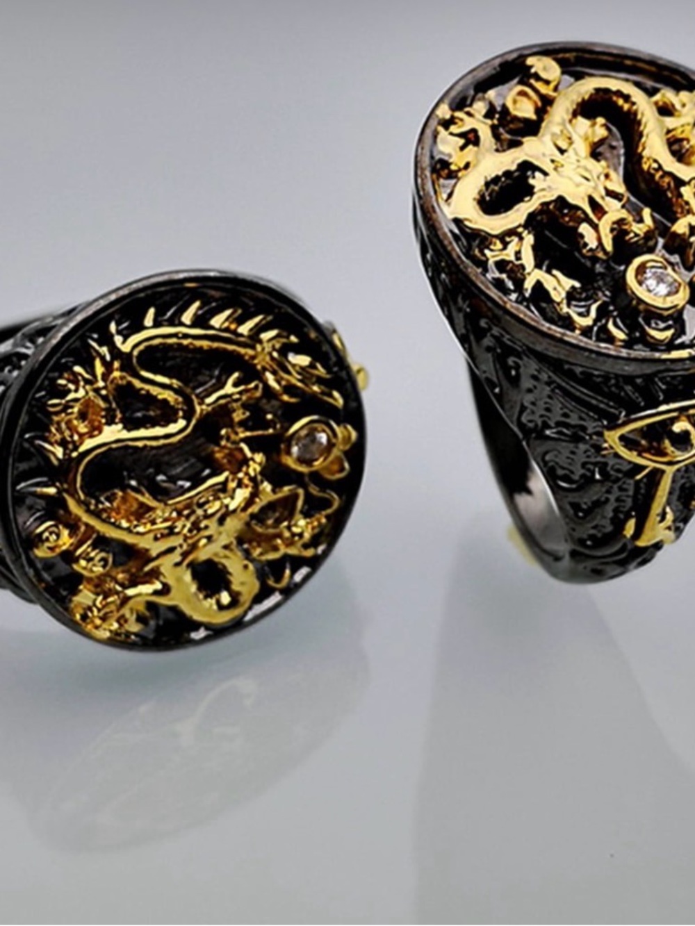 Black and Gold Dragon Signet Ring - Men's Jewelry